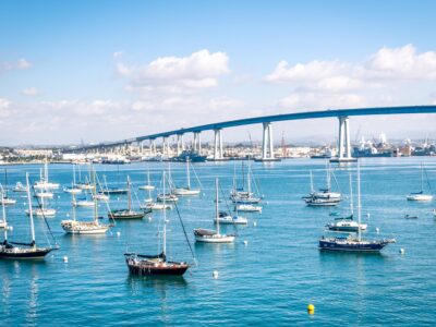 San Diego waterfront with sailing Boats - Indutrial harbor and C